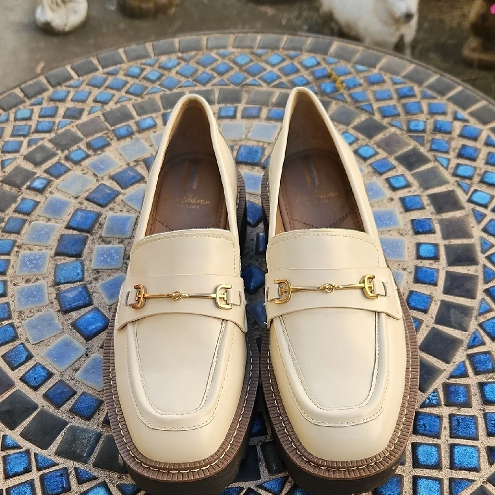 Sam Edelman New York Cream Loafers with Gold Buckle Detail